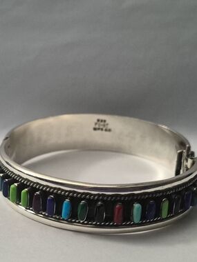 Vintage Taxco Mexico 925 Sterling Silver Hinged Multi-Stone Cuff Bracelet 40g